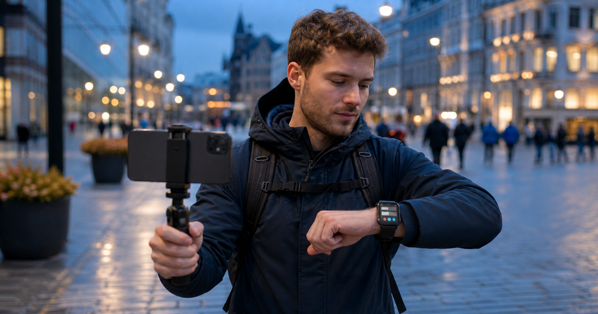 An IRL creator checks blank chat cards and stream-health indicators on an unbranded smartwatch while an iPhone films a city walk