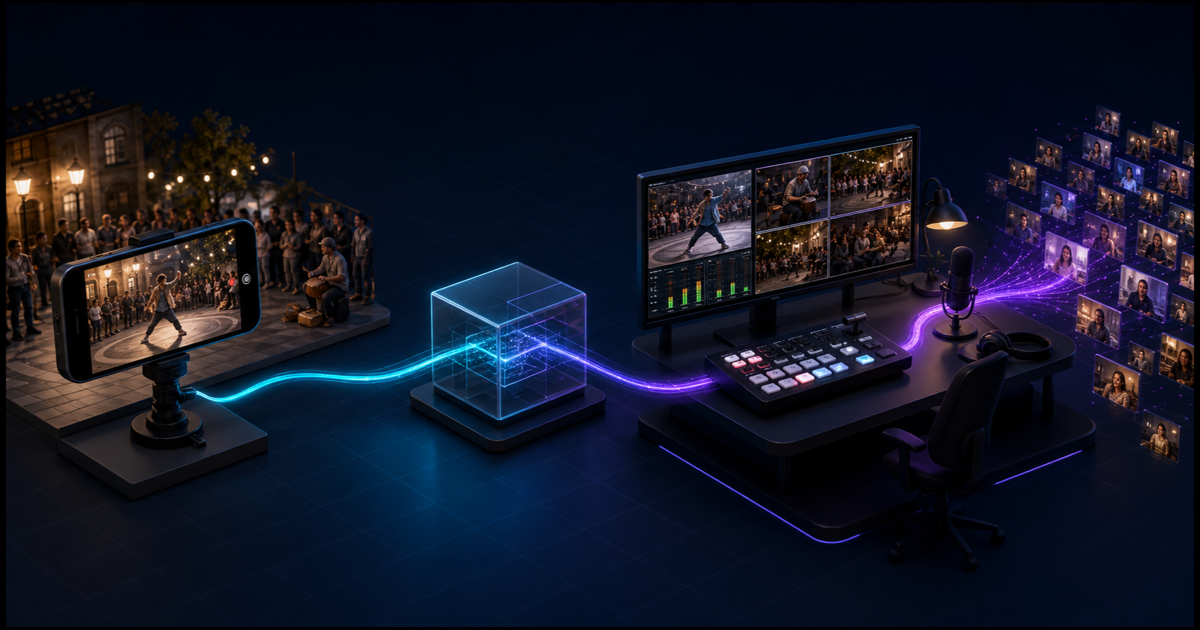 An unbranded phone films a street performance, sends it through a transparent relay cube into a home production desk, and viewers receive the finished program