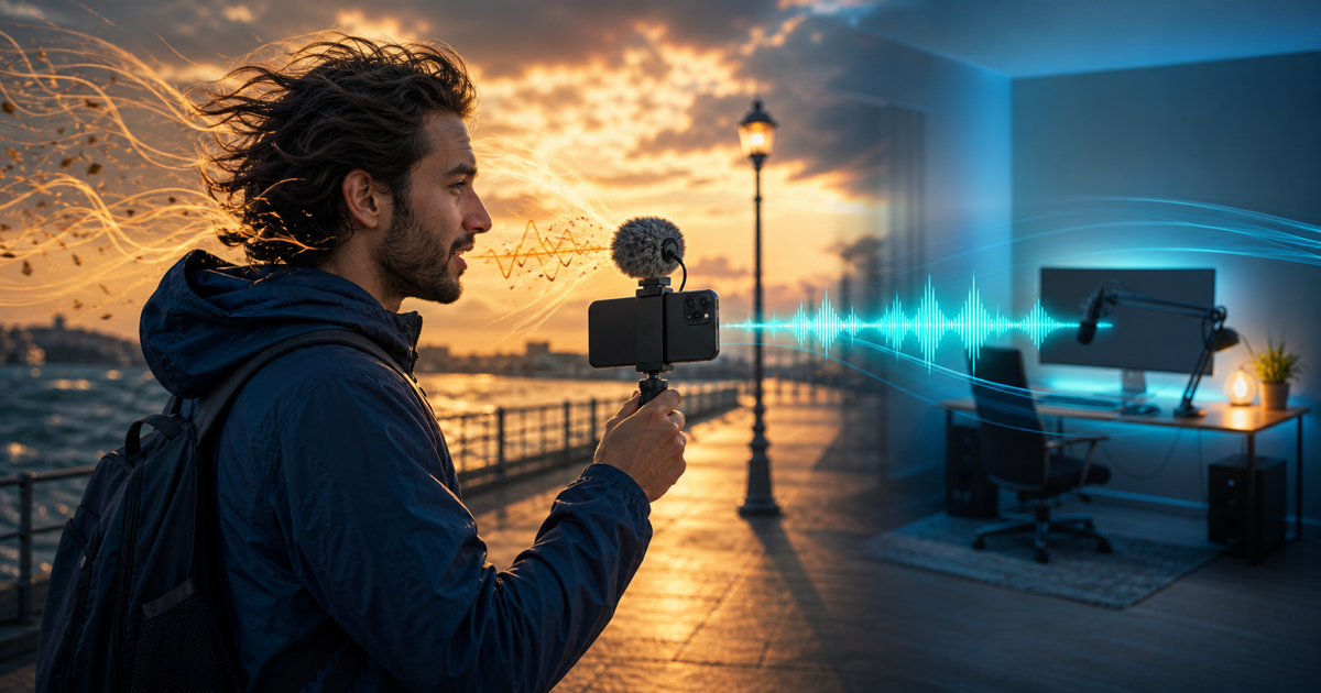 An outdoor iPhone creator uses a wind-protected microphone as a clean audio waveform travels toward a home streaming studio
