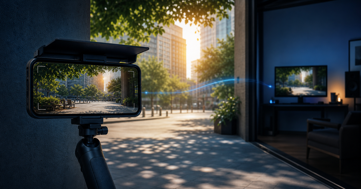 A shaded phone on a streaming grip films a sunny city while a blue signal path reaches a cool home OBS studio