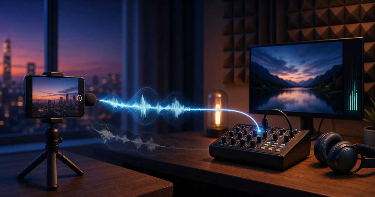 A phone microphone sends one clean blue audio waveform into a home streaming mixer while a faint duplicate waveform fades away