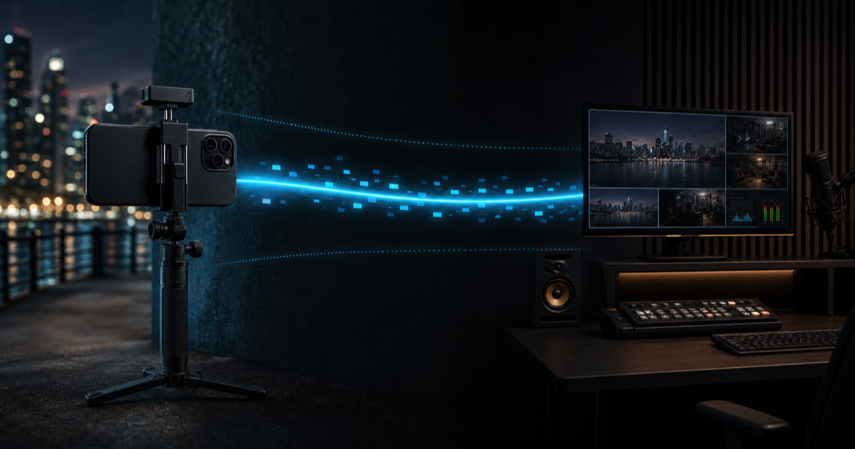 An unbranded phone camera sends one cyan contribution feed from a city location into a dark home production studio