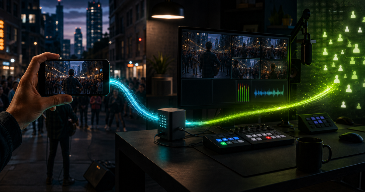 A phone camera sends a cyan contribution feed through a relay into a home production studio, which sends one green program feed to viewers