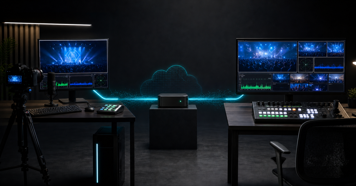 Two separate streaming workstations exchange one live program feed through an internet relay