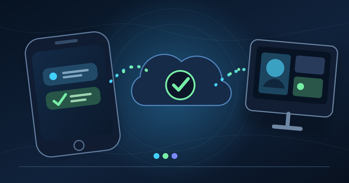 A phone sends glowing control pulses through a secure cloud path to a home computer running a live production