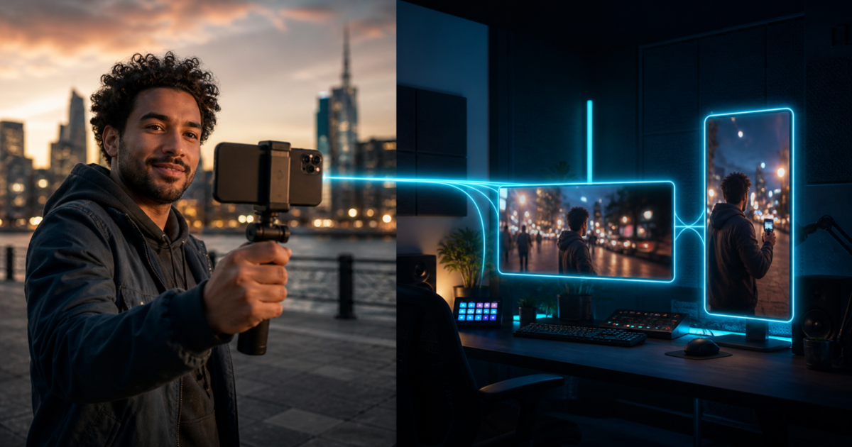 An IRL creator sends one phone camera feed to a home studio that frames it for horizontal and vertical viewers