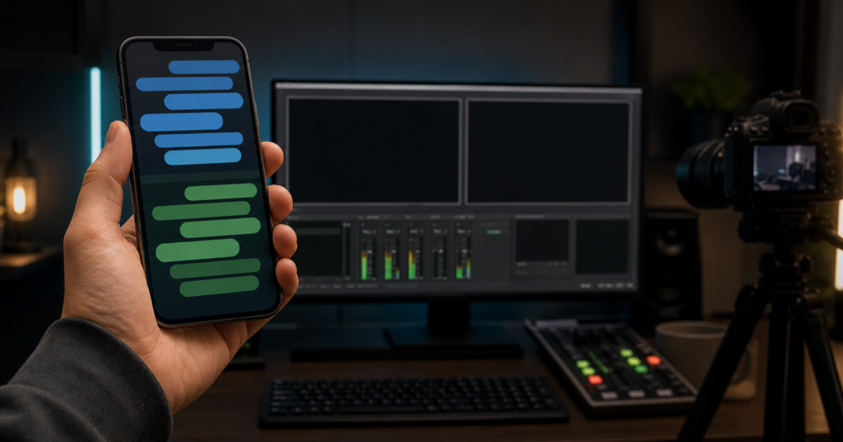 A creator holds a phone with blank blue and green chat bubbles beside a home streaming production desk
