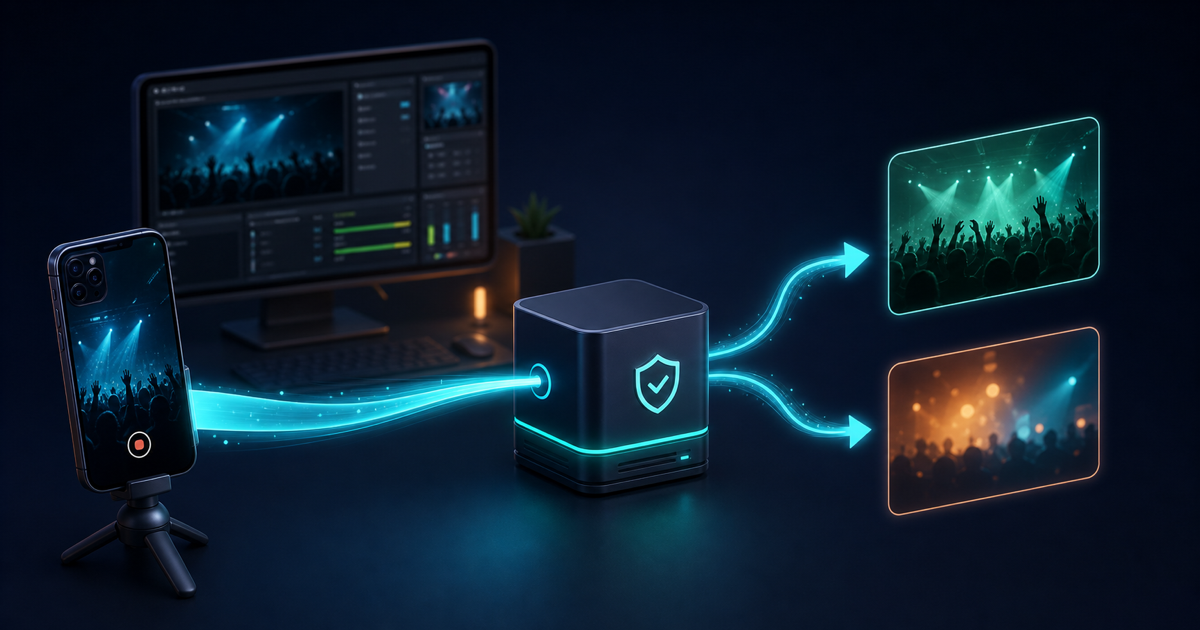 A phone sends one cyan stream through a secure relay to two destination screens while a home production monitor remains optional