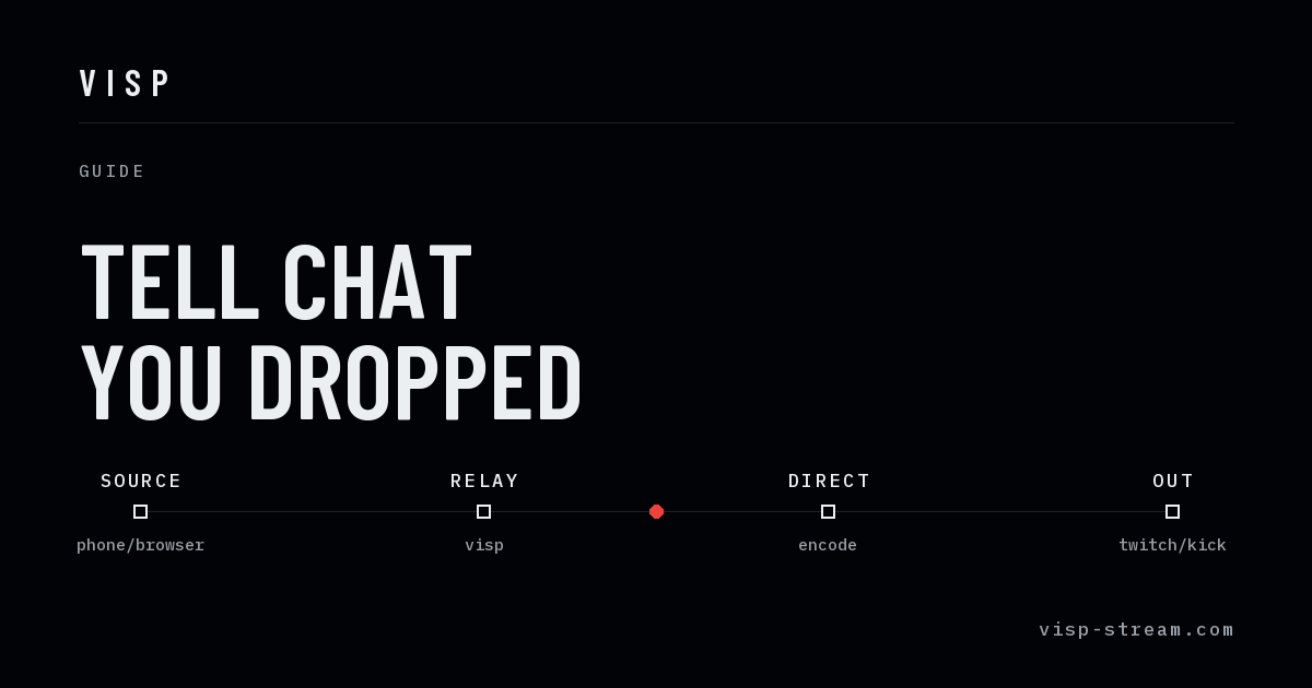 A chat bot alert card showing the VISP signal chain from phone through relay to a platform, with the alert branching off at the drop