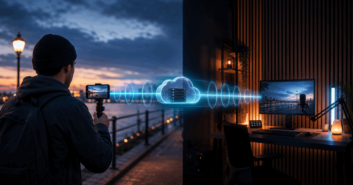 An IRL creator sends a phone camera feed through a glowing relay toward a home studio while signal echoes visualize delay