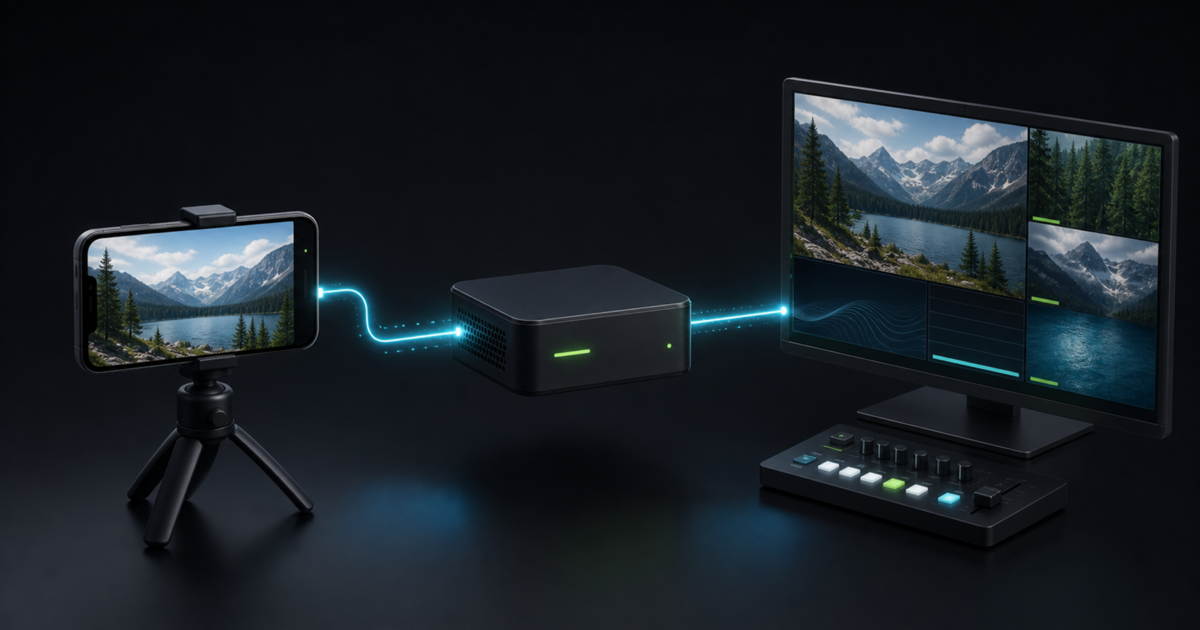 A phone camera sends one SRT feed through a relay into a home OBS production monitor
