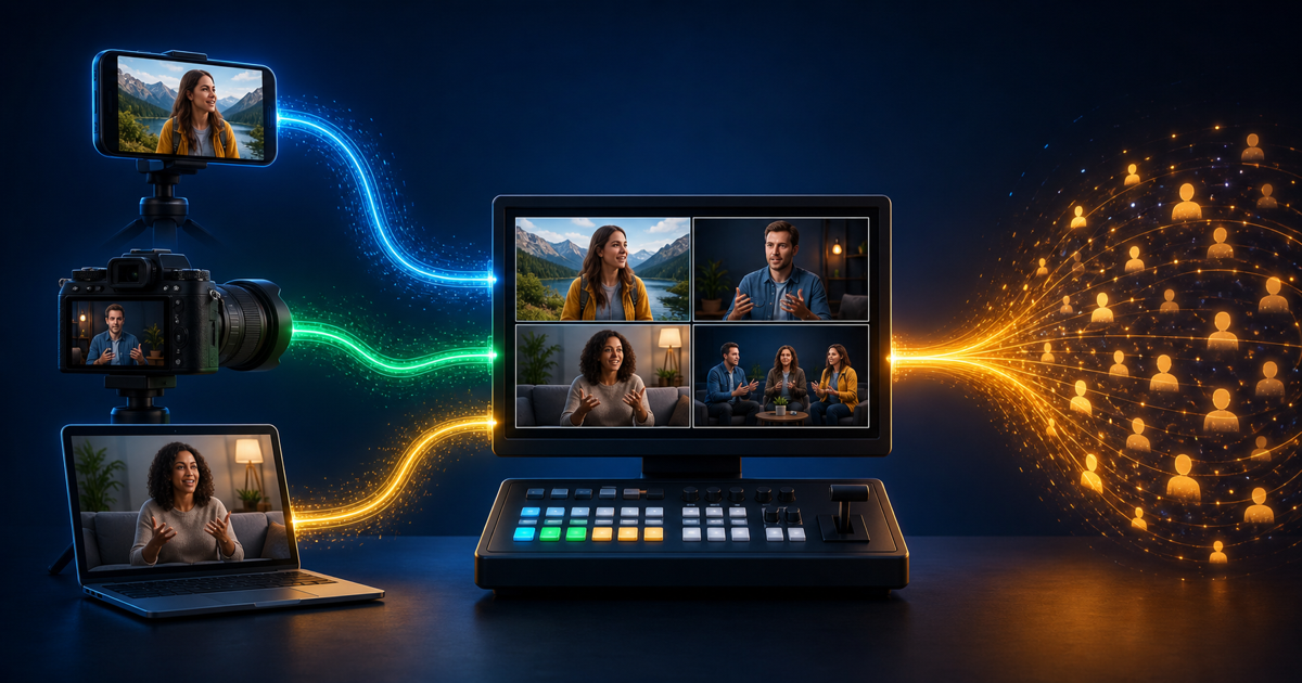 A phone, camera, and laptop send separate source feeds into one home production monitor and finished audience stream