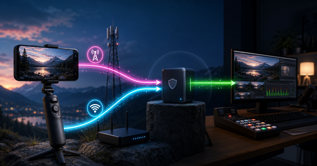 An Android phone sends cellular and Wi-Fi paths through a protected relay into a home production workstation