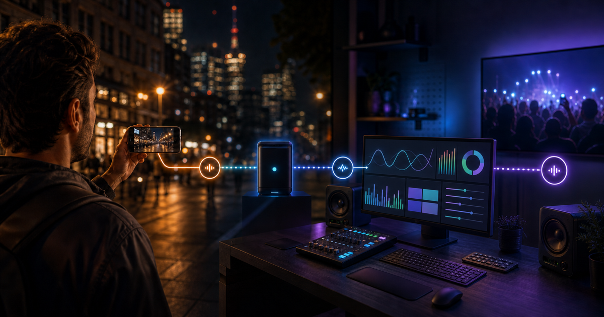 An IRL creator sends a phone camera feed through three glowing checkpoints to an unbranded home production monitor