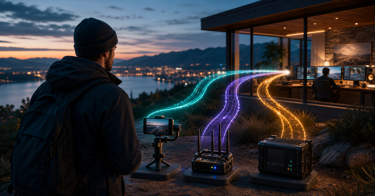 An IRL creator compares a phone rig, a configurable bonded encoder, and dedicated field hardware connected to a home studio
