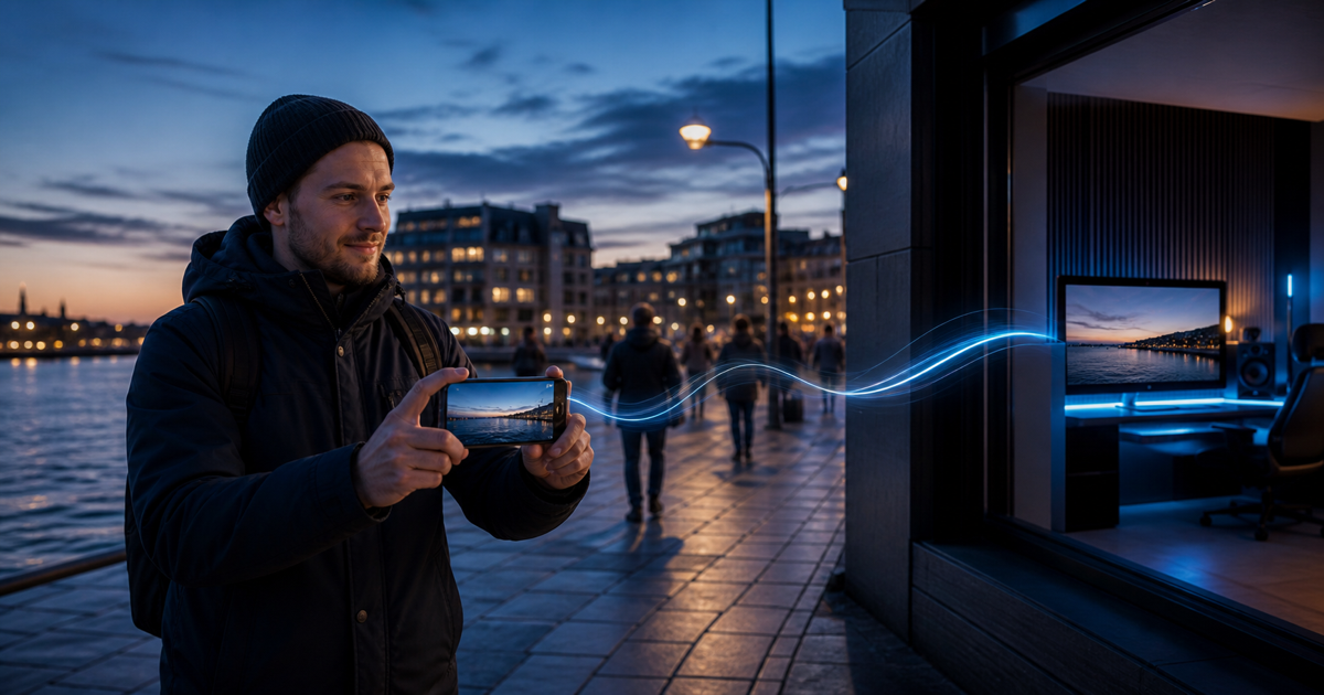 An IRL creator holds a phone steadily on a waterfront promenade while a blue signal path reaches a home streaming monitor